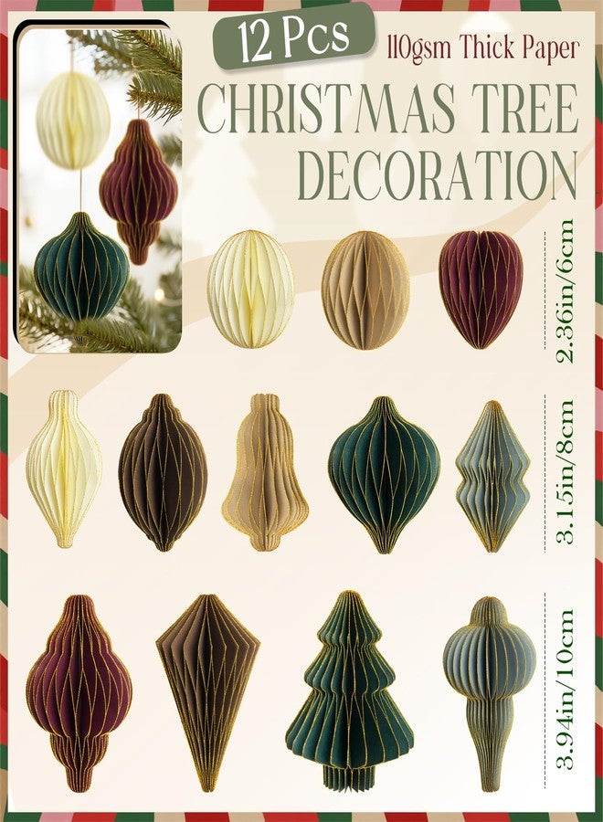CUPLOOV 12Pcs Paper Honeycomb Christmas Tree Decorations, 3D Mini Glitter Edge Paper Honeycomb Lantern Ornaments for Vintage Neutral Christmas Party Home Decor Mixed - Image 4